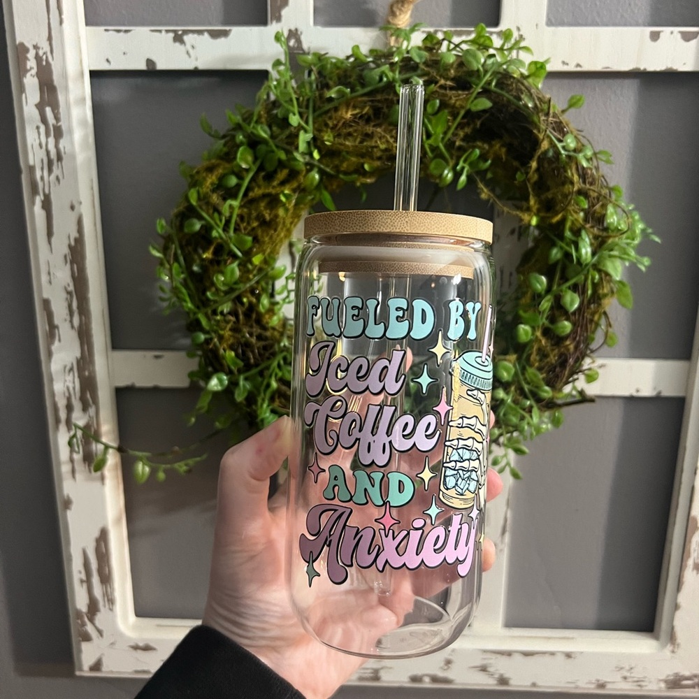 Glass Tumbler with Straw and Fun Text